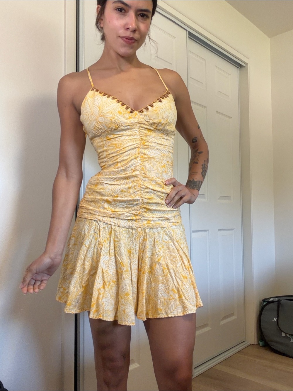 Zara Yellow Floral Ruched Spaghetti-Strap Mini Dress